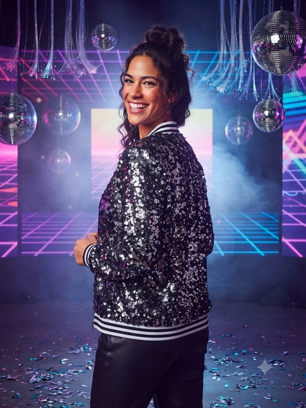 Sparkly Black & Silver Sequin Bomber Jacket Striped Varsity Trim Large - Picture 3 of 7